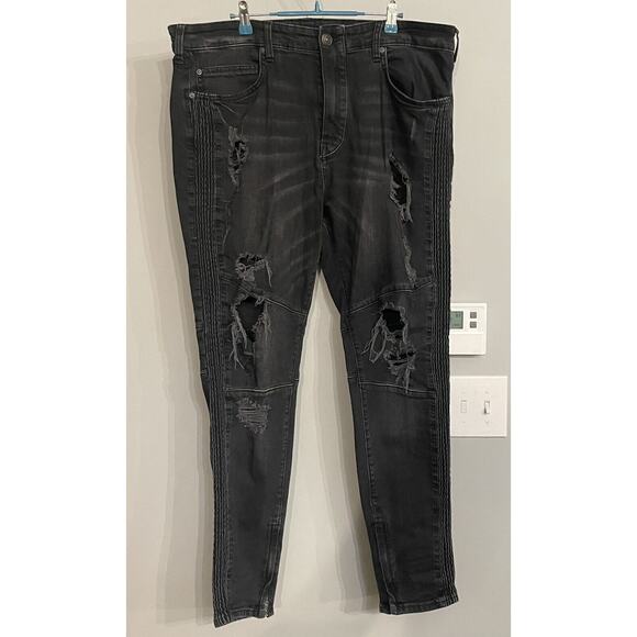 True Religion Jeans Mick Slouchy‎ Skinny Moto Destroyed Black Denim Men’s 38